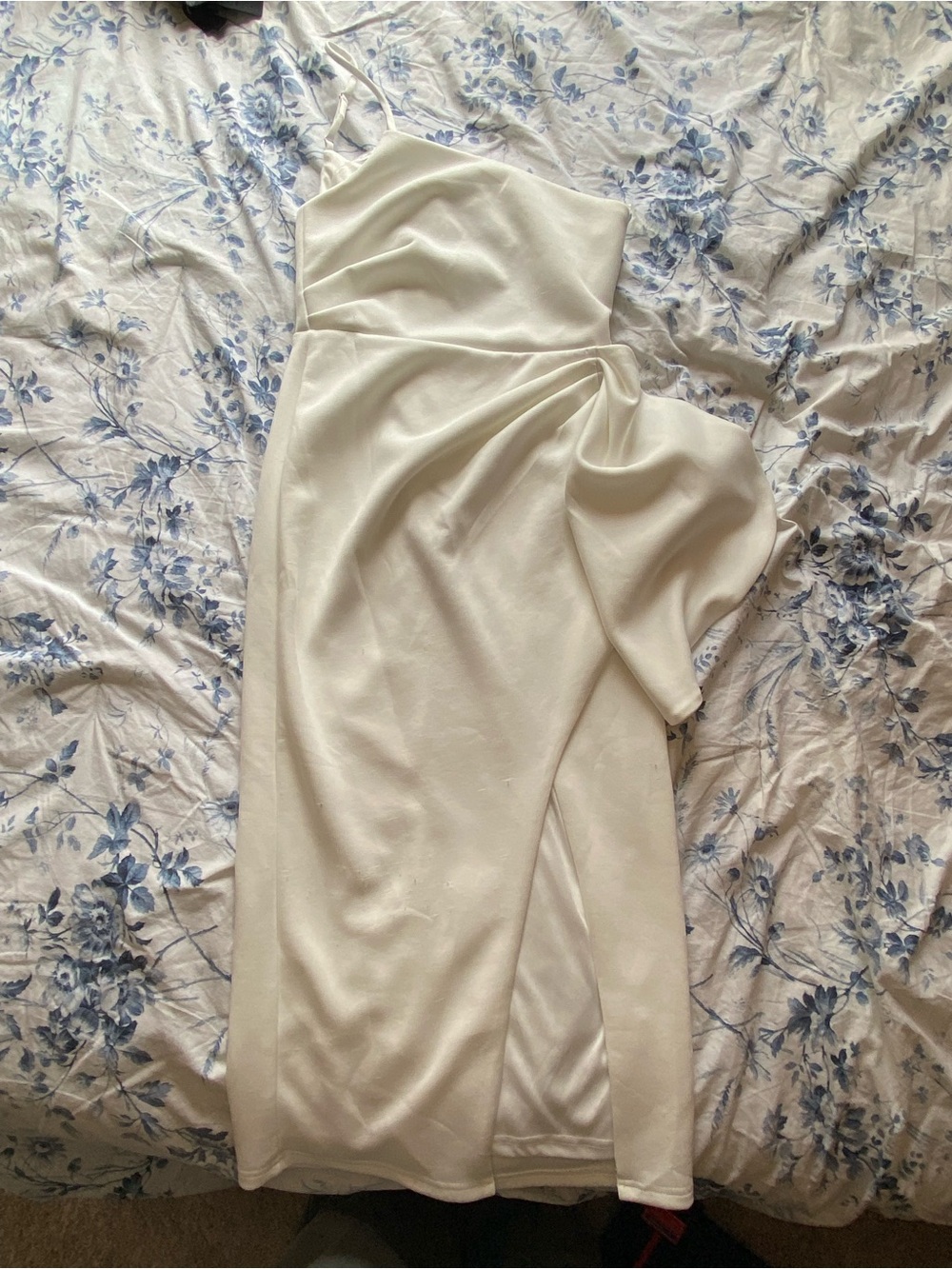 Showpo White Satin Slip Dress with Spaghetti Straps